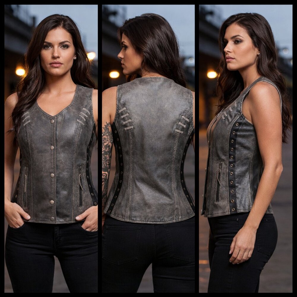 Ladies Lightweight Distressed Gray Leather Vest with Grommeted Twill and Lace - Picture 2 of 12